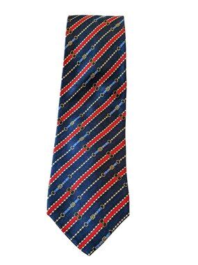 Luca Franzini Patterned Silk Neck Tie Navy Blue Red Belt Buckle Diagonal Stripe
